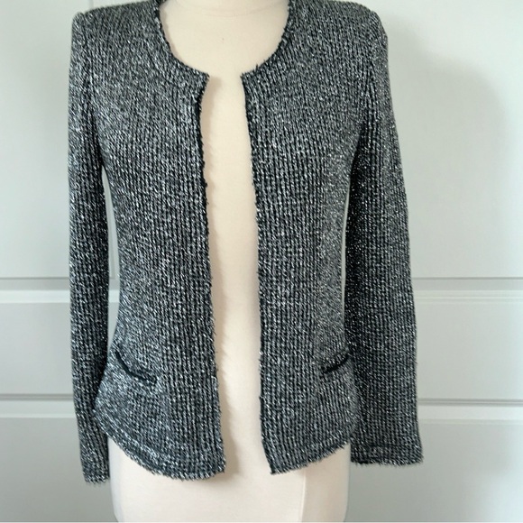 $500 IRO size 40 US size M WALLIS Gunmetal Silver  Metallic Boucle Knit Jacket - Picture 2 of 8